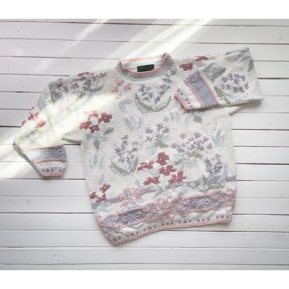 vtg Cullinane cottagecore white pastel floral chunky hand knit‎ sweater